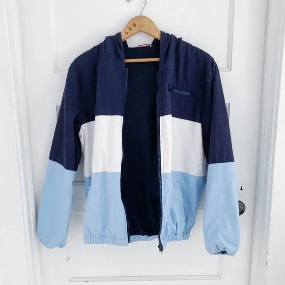 Vintage Navy Blue and Light Blue Color Block Cotton Zip Up Jacket with Hood - Picture 4 of 11